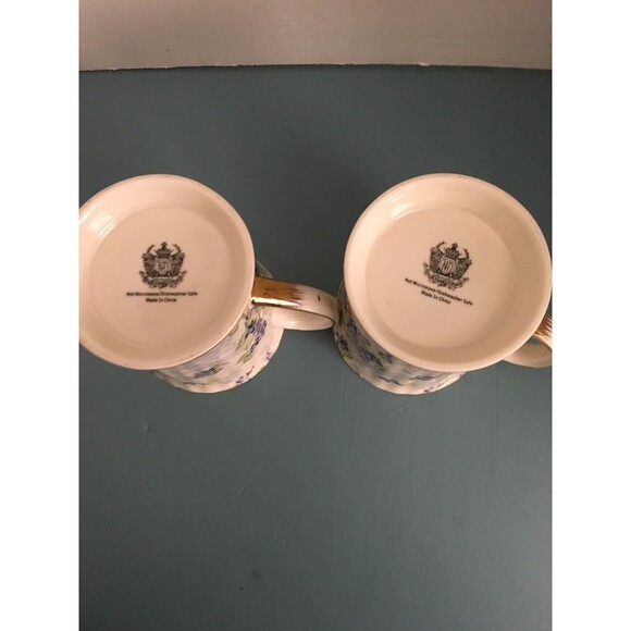 ND EXCLUSIVE PURPLE IVORY AND GOLD FLORAL COFFE TEA MUGS /CUPS GOLD TRIM - Picture 4 of 5